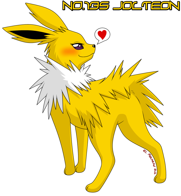 ambiguous_gender blush canine dialog eeveelution feral fur gamesyellow jolteon mammal nintendo plain_background pok&#233;mon pok&eacute;mon pokemonjolteonvideo presenting purple_eyes solo text video_games white_background white_fur yellow_fur