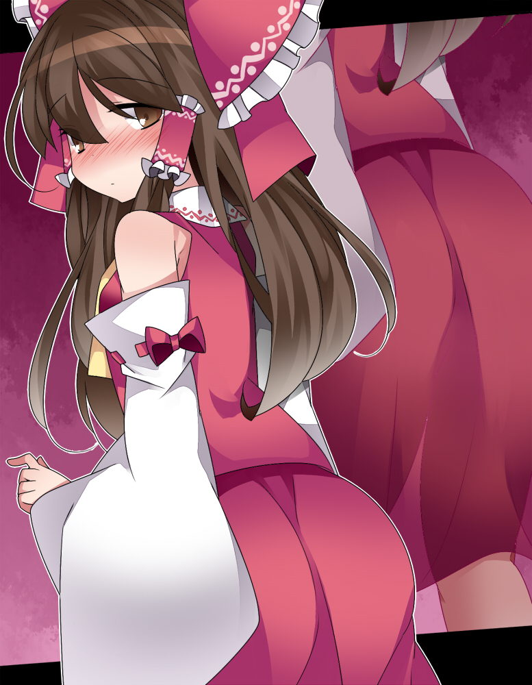 ass bare_shoulders blush bow brown_eyes brown_hair commentary_request detached_sleeves hair_bow hair_tubes hakurei_reimu hammer_(sunset_beach) long_hair looking_at_viewer md5_mismatch skirt skirt_lift solo touhou wide_sleeves zoom_layer