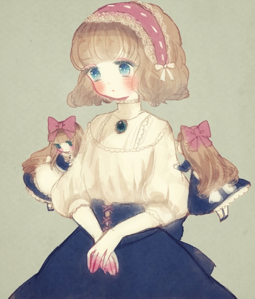alice_margatroid alternate_costume apron blonde_hair blouse blue_eyes blush bow brooch flying grey_background hair_bow hairband hands_together high_collar jewelry lolita_hairband long_hair puffy_short_sleeves puffy_sleeves shanghai_doll short_hair short_sleeves simple_background skirt solo touhou waist_apron yujup