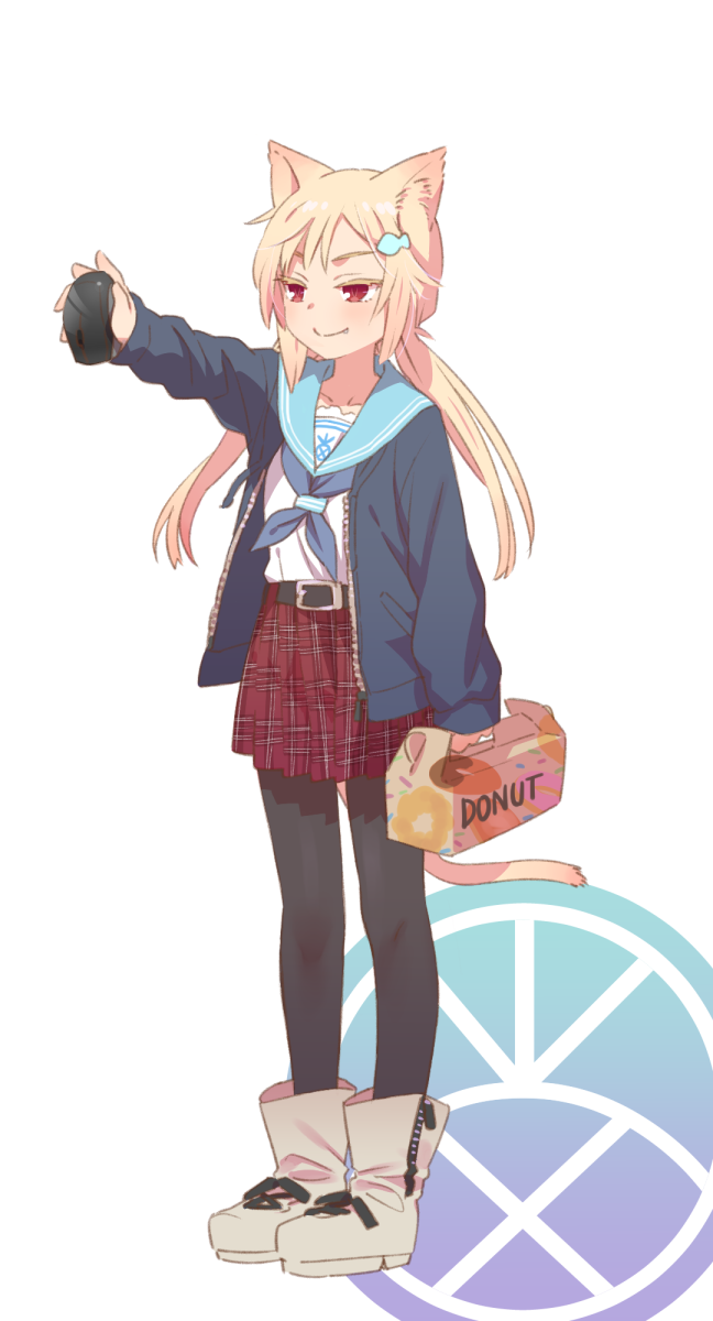 animal_ears blonde_hair cat_ears cat_tail doughnut fang food highres long_hair mouse_(computer) original pantyhose pastry_box pine pine-chan_ver._1 red_eyes school_uniform serafuku solo tail wireless_mouse