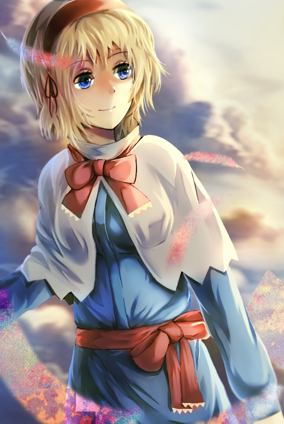 alice_margatroid blonde_hair blue_dress blue_eyes bow capelet cloud dress feathers hairband hou_akira red_bow red_ribbon ribbon sash short_hair smile solo touhou