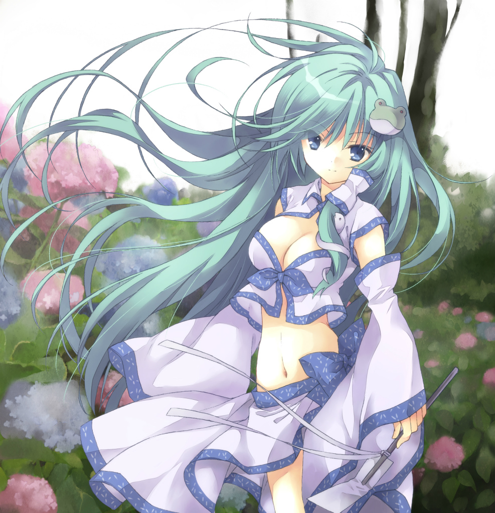adapted_costume blue_eyes blurry breasts cleavage depth_of_field detached_sleeves flower frog_hair_ornament front-tie_top gohei green_eyes green_hair hair_ornament hair_tubes hydrangea kochiya_sanae light_smile long_hair looking_at_viewer medium_breasts midriff navel outdoors sarong sleeves_past_wrists snake_hair_ornament solo touhou tree very_long_hair white_background wind yutamitan