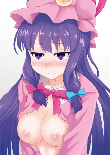blush breasts cleavage coat crescent hair_ribbon hat large_breasts long_hair long_sleeves masu_193 mob_cap naked_coat nipples open_clothes open_coat patchouli_knowledge purple_eyes purple_hair ribbon solo touhou tress_ribbon upper_body very_long_hair wavy_mouth