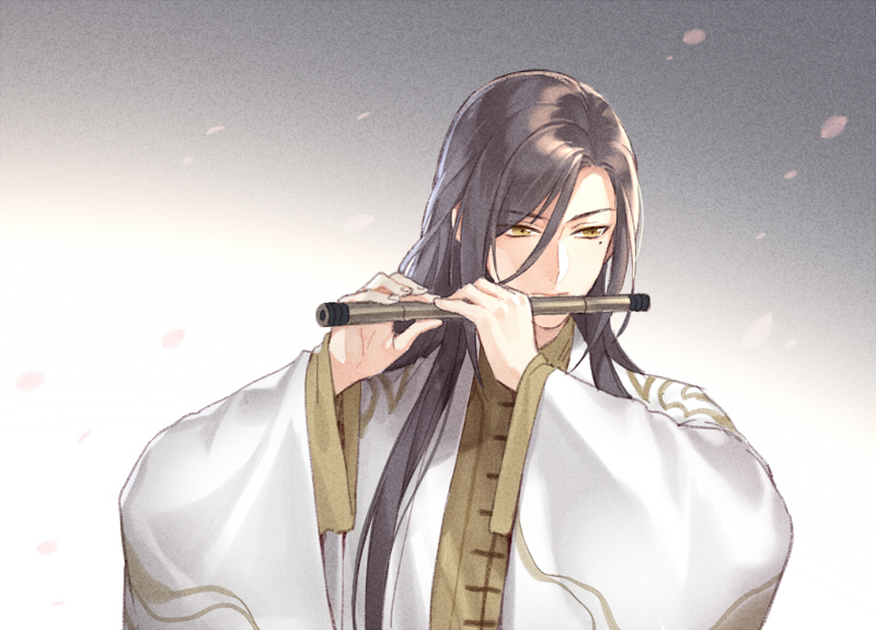 1boy brown_hair chinese_clothes closed_mouth eyebrows_visible_through_hair gradient gradient_background grey_background holding holding_instrument instrument instrument_request kangetsu_(fhalei) long_hair long_sleeves male_focus mole mole_under_eye music original playing_instrument solo upper_body yellow_eyes