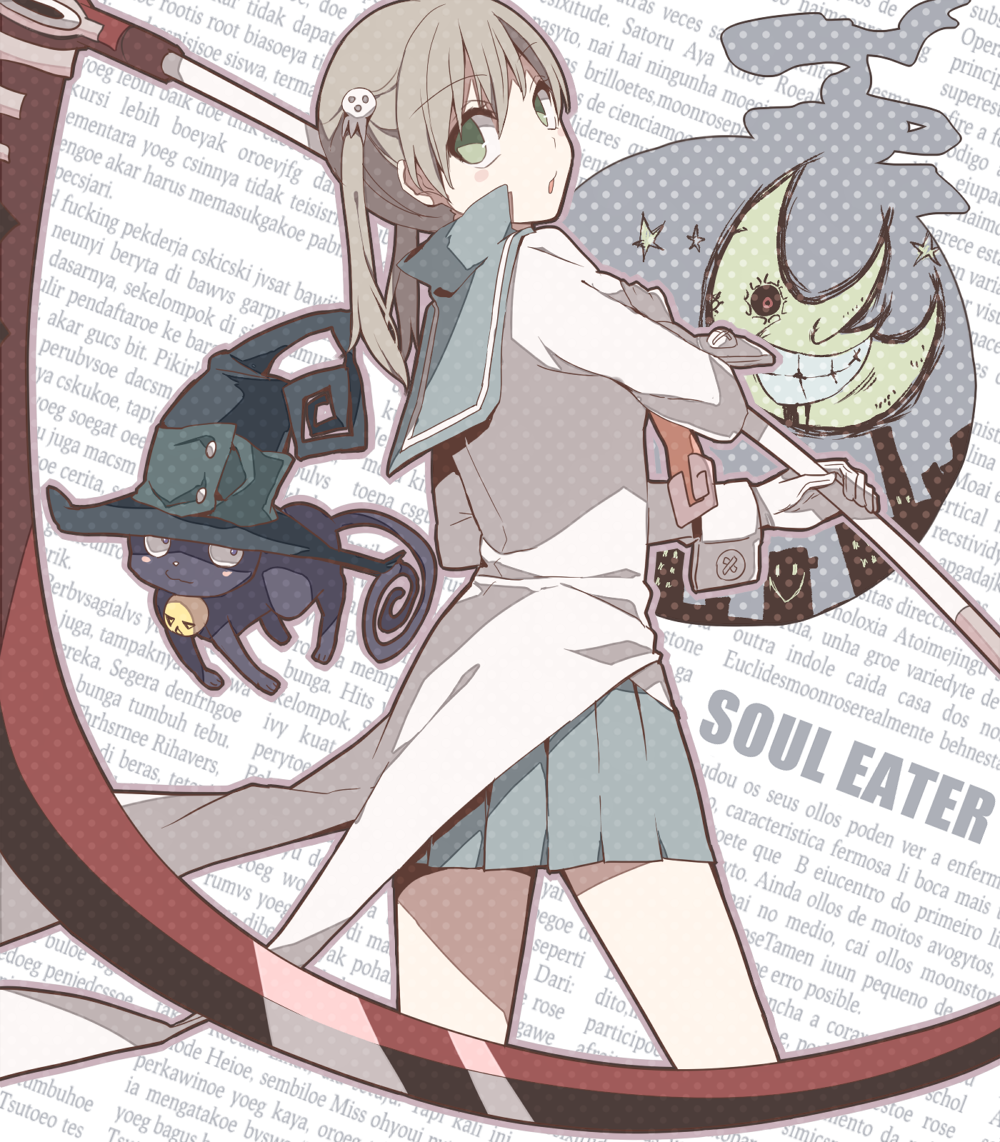 2girls animal blair blaire blonde_hair cat green_eyes hat maka_albarn moon multiple_girls red_eyes scythe short_hair soul_eater twintails weapon witch witch_hat