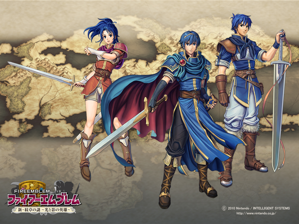 2boys armor belt blue_eyes blue_hair boots bridal_gauntlets cape company_connection copyright_name fingerless_gloves fire_emblem fire_emblem:_monshou_no_nazo full_body fur_trim gloves holding holding_weapon izuka_daisuke jewelry knee_boots logo long_hair looking_at_viewer marth multiple_boys my_unit_(fire_emblem:_shin_monshou_no_nazo) official_art pants ponytail sheath short_sleeves shorts shoulder_pads standing sword tiara weapon wristband