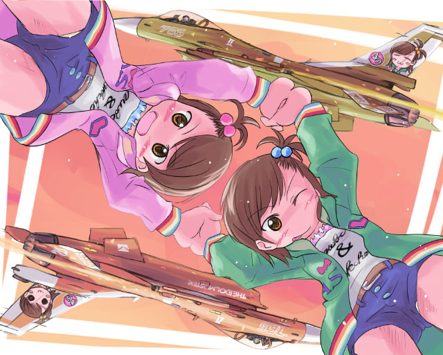 ace_combat aircraft airplane child company_connection f-16_fighting_falcon f-2 fighter_jet from_below futami_ami futami_mami holding_hands idolmaster idolmaster_(classic) itasha jet military military_vehicle mtr multiple_girls one_eye_closed siblings twins