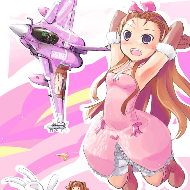 ace_combat aircraft airplane armpits brown_hair bunny company_connection cute_&amp;_girly_(idolmaster) fighter_jet idolmaster idolmaster_(classic) itasha jet military military_vehicle minase_iori mirage2000 mtr multiple_girls rafale takatsuki_yayoi