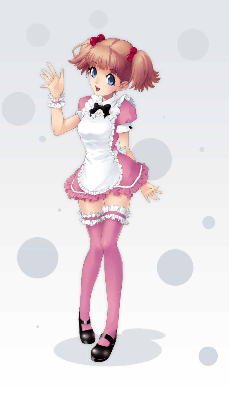 :d apron bangs black_footwear blue_eyes bow bowtie brown_hair dress frilled_apron frilled_dress frills full_body garters gradient gradient_background hair_bobbles hair_ornament highres kunishige_keiichi legs looking_at_viewer mary_janes open_mouth original pigeon-toed pink_dress pink_legwear puffy_short_sleeves puffy_sleeves ribbon shoes short_dress short_sleeves short_twintails smile solo standing thighhighs twintails waitress waving wrist_cuffs zettai_ryouiki