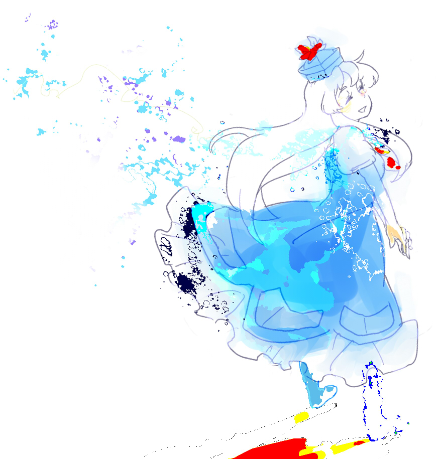 :d as bad_id bad_pixiv_id blue_dress blush closed_eyes crying dress hands_together hat kamishirasawa_keine long_hair looking_back open_mouth short_sleeves simple_background sketch smile solo standing tears tokin_hat touhou v_arms white_background