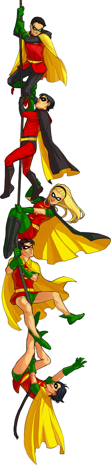 batman_(series) belt black_hair blonde_hair boots brother brothers cape damian_wayne dc_comics dick_grayson domino_mask family gauntlets gloves green_shoes hairband jason_todd legacy mask multiple_boys robin_(dc) rope shoes siblings stephanie_brown tim_drake time_paradox transparent_background upside-down