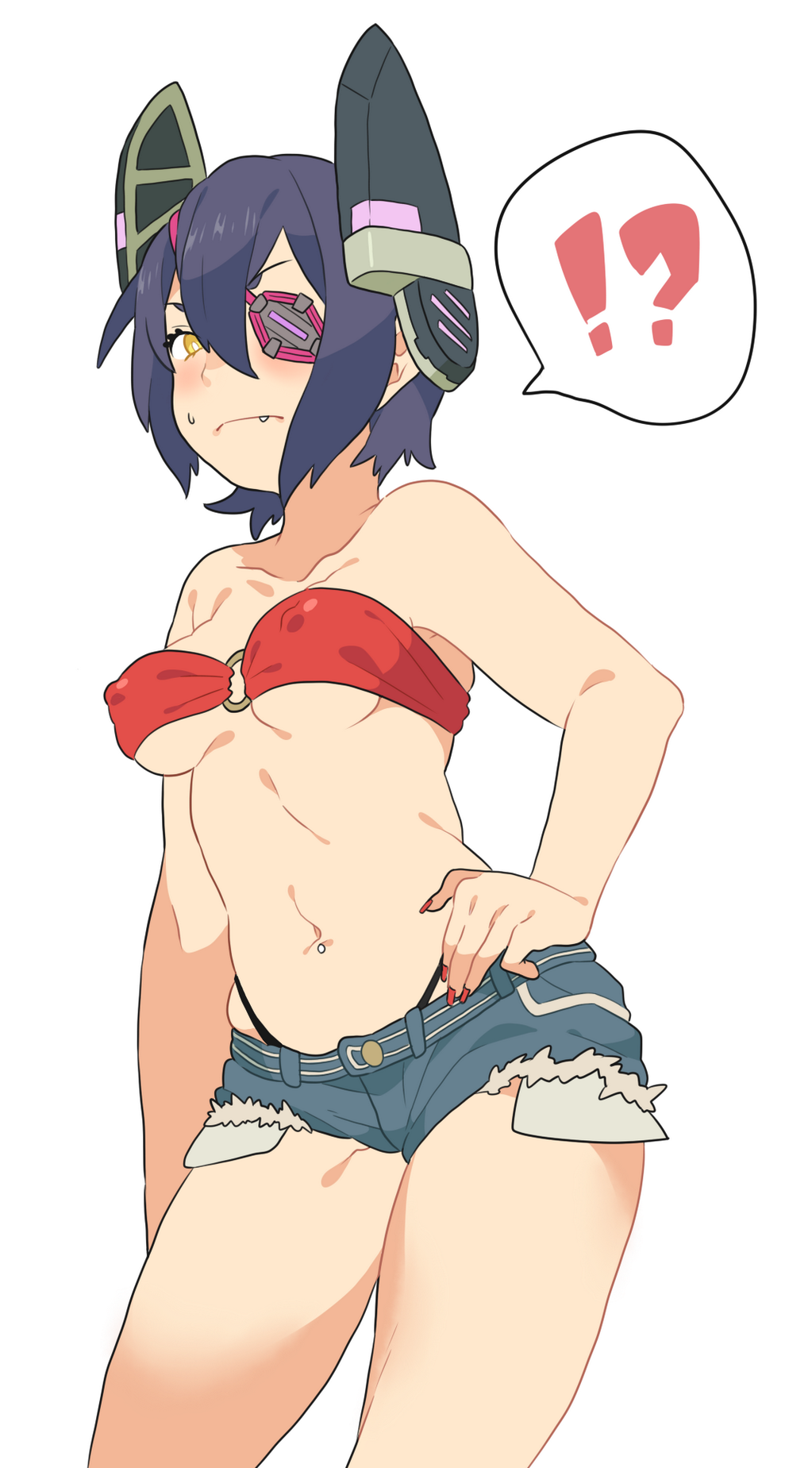 1girl bad_id bad_twitter_id bandeau bare_shoulders black_panties blush breasts contrapposto covered_nipples cutoffs denim denim_shorts emu_(eomou) eyepatch fang fang_out fingernails hair_between_eyes hand_on_hip headgear highres kantai_collection long_fingernails midriff nail_polish navel_piercing o-ring o-ring_top panties piercing purple_hair short_hair short_shorts shorts simple_background small_breasts solo speech_bubble standing sweatdrop tenryuu_(kantai_collection) underwear white_background yellow_eyes