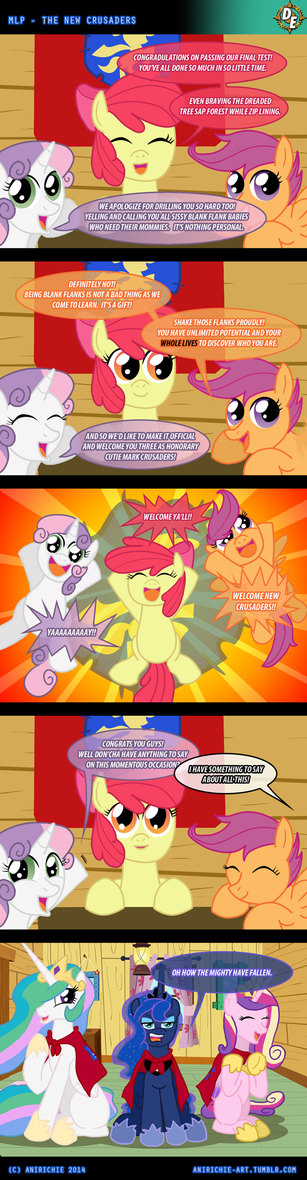 anirichie apple_bloom_(mlp) blue_fur blue_hair bow cape comic crown cub cutie_mark_crusaders_(mlp) dialog earth_pony english_text equine eyes_closed female feral friendship_is_magic fur green_eyes group hair hair_bow horn horse inside long_hair looking_at_viewer mammal multi-colored_hair my_little_pony open_mouth orange_eyes orange_fur pegasus pink_fur pony princess_cadance_(mlp) princess_celestia_(mlp) princess_luna_(mlp) purple_eyes purple_hair red_hair royalty scootaloo_(mlp) smile speech_balloon sweetie_belle_(mlp) teal_eyes text two_tone_hair unicorn white_fur winged_unicorn wings yellow_fur young