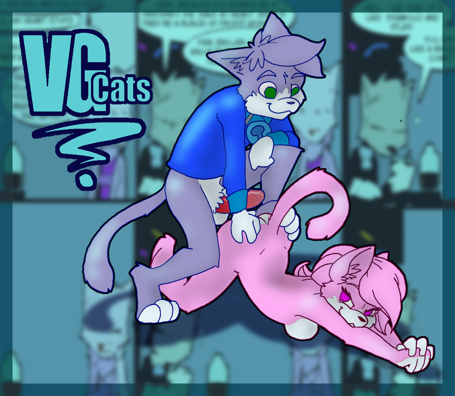 anthro balls breasts butt cat challen clothing collar duo erection feline female fur green_eyes hair leo_(vg_cats) leo_leonardo looking_back male mammal nude penis pink_fur pink_hair raised_tail smile spreading straight teasing vg_cats