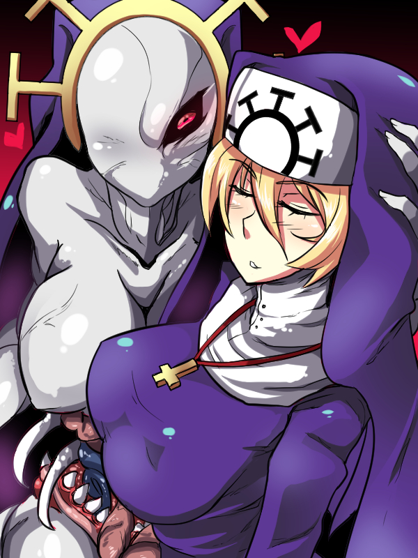 black_sclera blonde_hair breasts closed_eyes cross cross_necklace double_(skullgirls) dual_persona extra_mouth eyes_closed grey_skin habit hand_on_another's_head hand_on_another&#39;s_head hand_on_another's_head inverted_cross jewelry large_breasts monster necklace nightmare-doom nun one-eyed red_eyes skullgirls