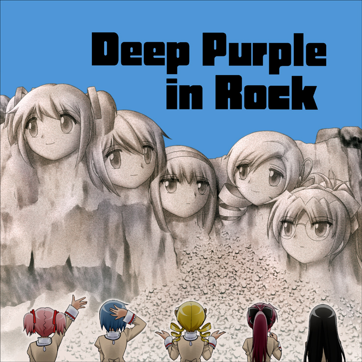 akemi_homura album_cover black_hair blonde_hair blue_hair cover deep_purple deep_purple_in_rock drill_hair kaname_madoka long_hair mahou_shoujo_madoka_magica miki_sayaka mount_rushmore multiple_girls parody pink_hair ponytail red_hair sakura_kyouko school_uniform shingyouji_tatsuya short_hair short_twintails smile statue tomoe_mami twin_drills twintails