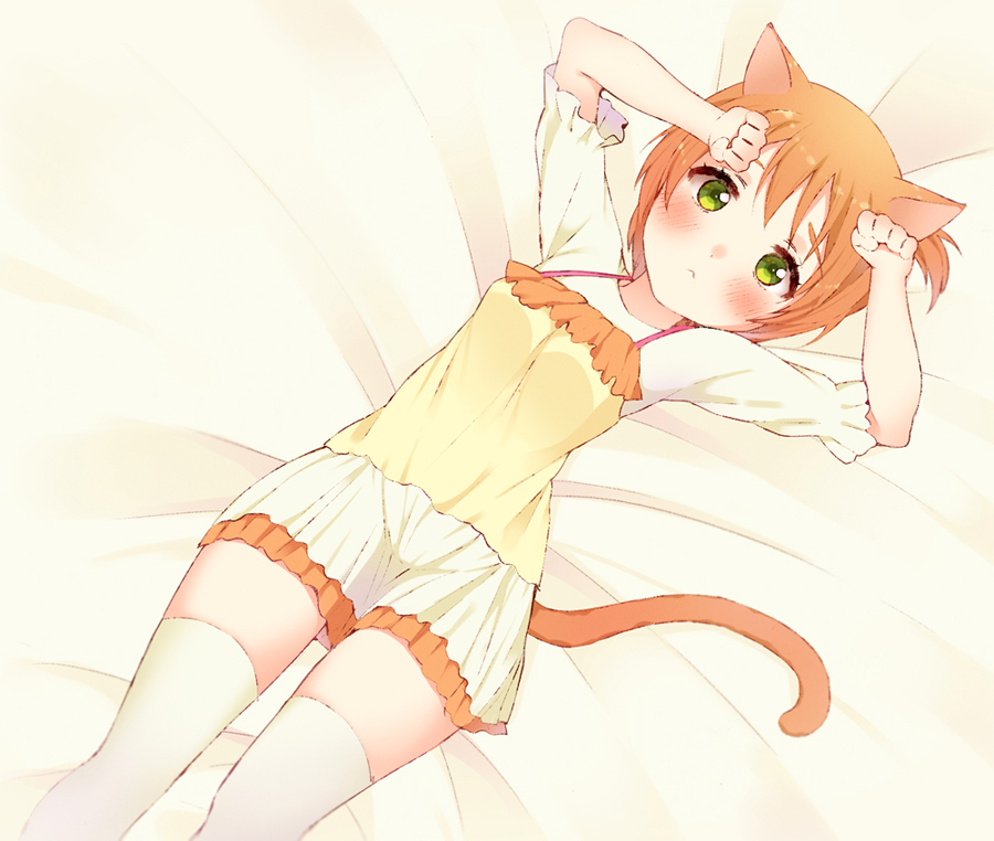:&lt; animal_ears bad_id bad_pixiv_id blush casual cat_ears cat_tail green_eyes hoshizora_rin looking_at_viewer love_live! love_live!_school_idol_project mirei one_side_up orange_hair paw_pose short_hair skirt solo tail thighhighs