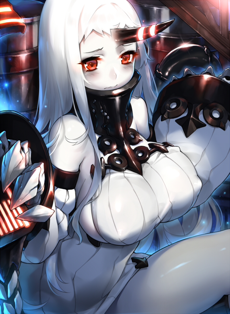 bare_shoulders blush breasts claws covered_nipples detached_sleeves dress highres horn kantai_collection large_breasts long_hair pale_skin red_eyes ribbed_dress seaport_hime shinkaisei-kan short_dress sideboob solo suika01 very_long_hair wavy_mouth white_hair