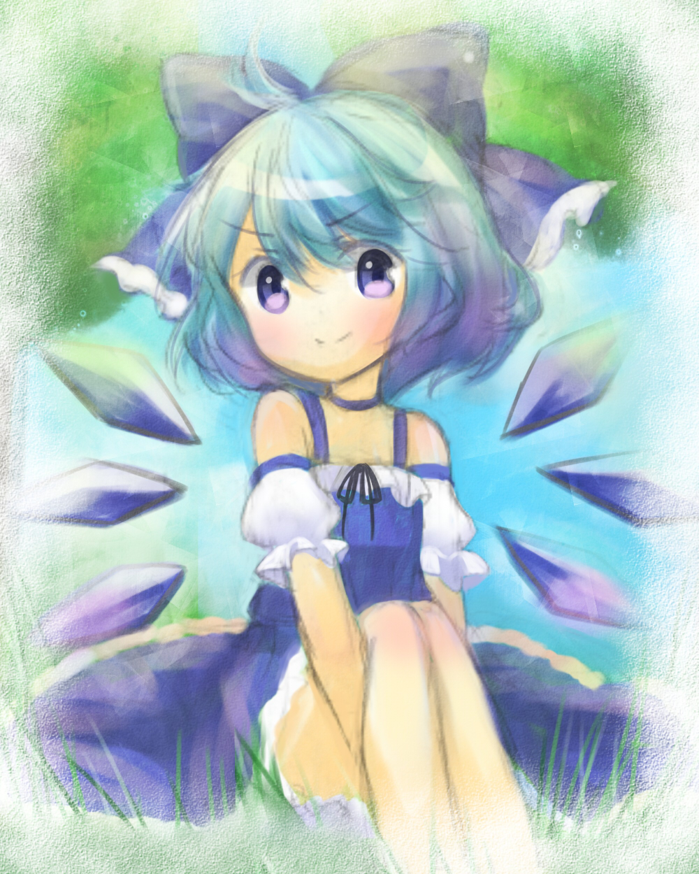 adapted_costume bad_id bad_pixiv_id bare_shoulders blue_eyes blue_hair blue_sky bow choker cirno day detached_sleeves dress ellipsis_(mitei) faux_traditional_media grass hair_bow highres leg_hug looking_at_viewer ribbon short_hair sitting sky smile solo texture touhou tree wings