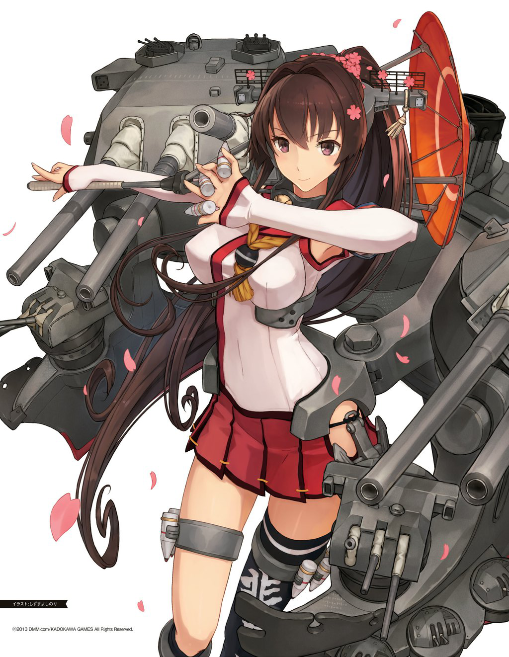 black_legwear breasts brown_eyes brown_hair cannon cherry_blossoms covered_navel detached_sleeves flower hair_flower hair_intakes hair_ornament headgear highres kantai_collection large_breasts long_hair mecha_musume miniskirt official_art parasol petals pleated_skirt ponytail shizuma_yoshinori simple_background single_thighhigh skirt sleeves_past_wrists smile solo source_request thighhighs turret umbrella very_long_hair white_background yamato_(kantai_collection)