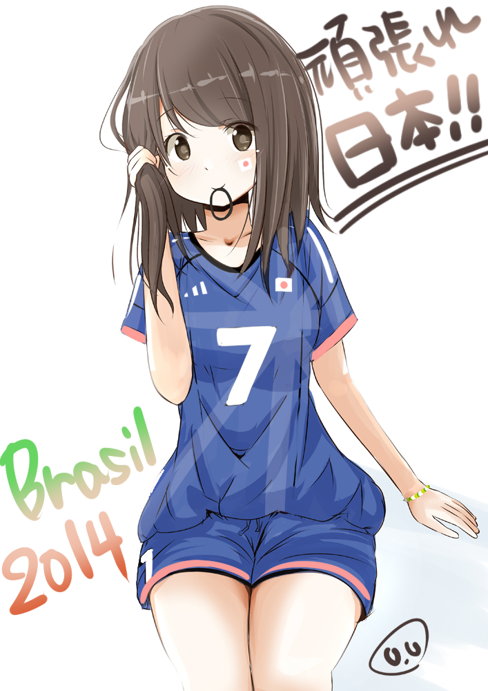 2014_fifa_world_cup brown_eyes brown_hair clothes_writing japanese_flag long_hair looking_at_viewer mouth_hold original shorts smile solo translated u_u_(mooooooou) world_cup