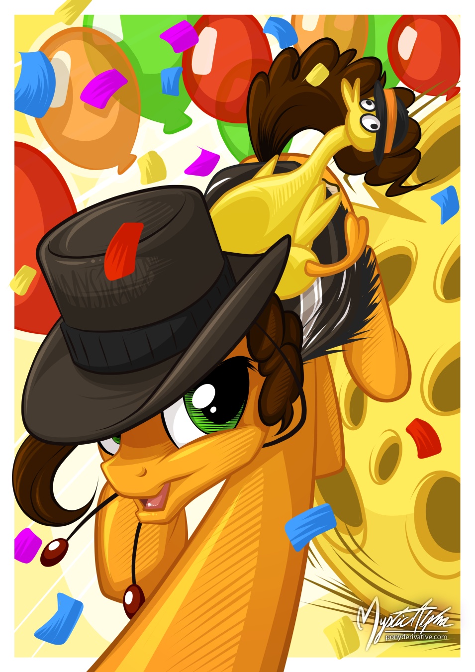 balloon boneless_(mlp) bowler_hat brown_hair cheese cheese_sandwich_(mlp) cheese_wheel cheese_wheel_(mlp) confetti cutie_mark earth_pony equine feral friendship_is_magic green_eyes hair hat hi_res horse looking_at_viewer male mammal my_little_pony mysticalpha pony portrait rubber_chicken solo