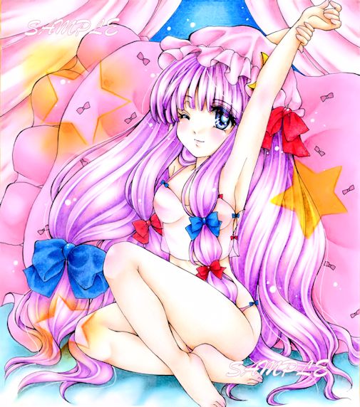 arm_up bare_legs bed breasts crop_top hair_ribbon hat lace lace-trimmed_panties long_hair medium_breasts midriff mob_cap muhmi one_eye_closed panties patchouli_knowledge pillow plantar_flexion purple_eyes purple_hair purple_panties ribbon sample sitting solo stretch touhou tress_ribbon underwear very_long_hair