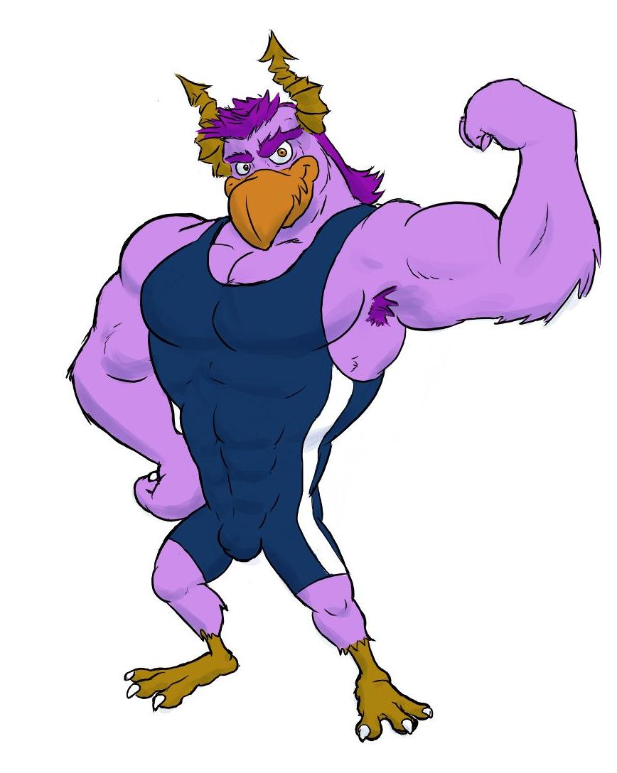 abs anthro armpit_hair armpits avian azul_(artist) beak biceps big_muscles brock_pearson bulge flexing fur hair horn looking_at_viewer male monster monsters_university mullet muscles pecs plain_background purple_fur purple_hair solo standing talons tight_clothing white_background wrestling_singlet