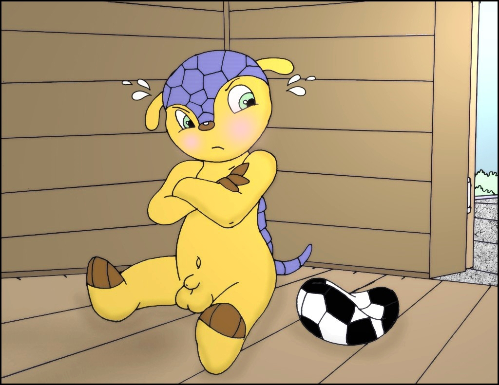 armadillo balls blush crossed_arms cub deflated flaccid fuleco irritated mascot nelson88 nude penis pouting sitting soccer_ball young