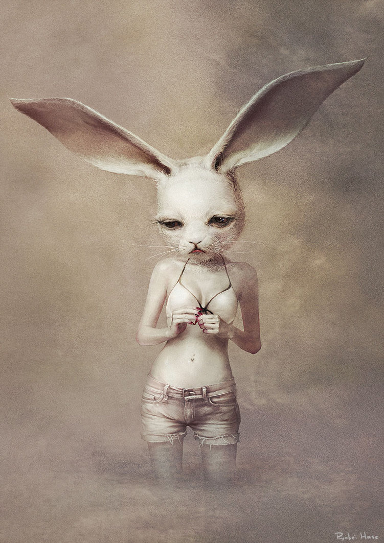 bra breasts clothing female fur lagomorph mammal pensive photo-realistic rabbit ryohei_hase shorts solo underwear white_fur