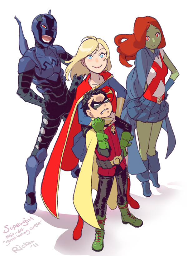 2boys 2girls alien armor blonde_hair blue_beetle blue_cape blue_eyes blue_shoes blue_skirt boots cape damian_wayne dc_comics domino_mask gauntlets gloves green_shoes green_skin hand_on_hip hands_on_hips jamie_reyes kryptonian mask miss_martian multiple_boys multiple_girls power_armor red_cape red_shoes ricken robin_(dc) shoes skirt standing supergirl