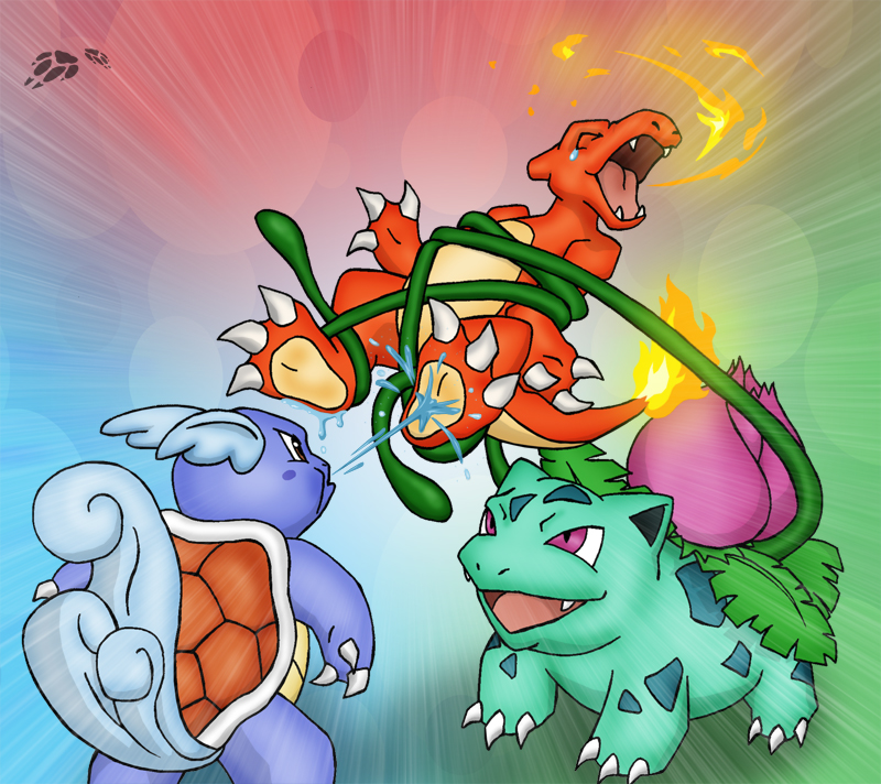 all_fours ambiguous_gender anthro charmeleon claws fire flora_fauna footpaws_(artist) group hindpaw ivysaur laugh nintendo open_mouth paws pok&#233;mon pok&eacute;mon reptile scalie smile standing tears tongue turtle video_games vines wartortle water wings