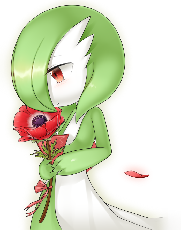 blush flower gardevoir green_hair lotosu no_humans petal petals pokemon red_eyes ribbon short_hair solo