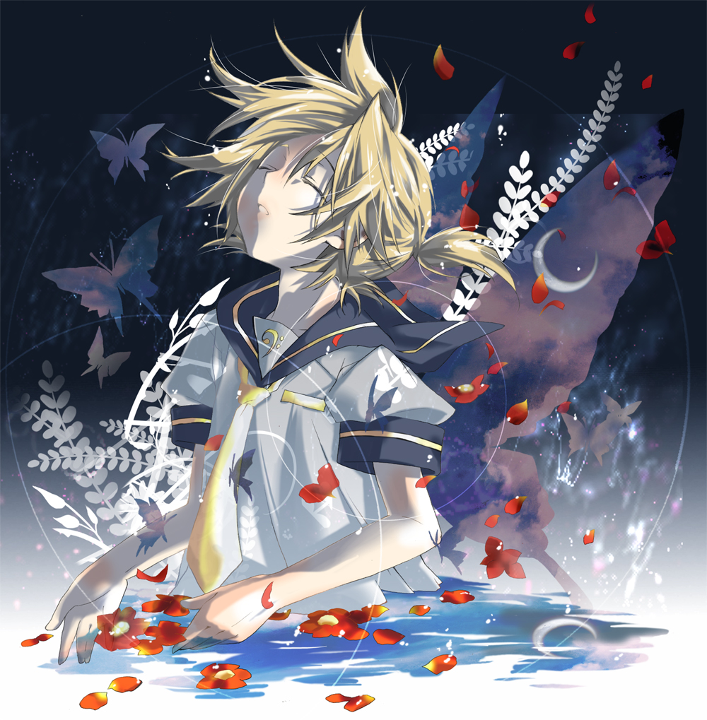 blonde_hair bug butterfly closed_eyes hekicha insect kagamine_len male_focus moon necktie petals solo vocaloid water yellow_neckwear