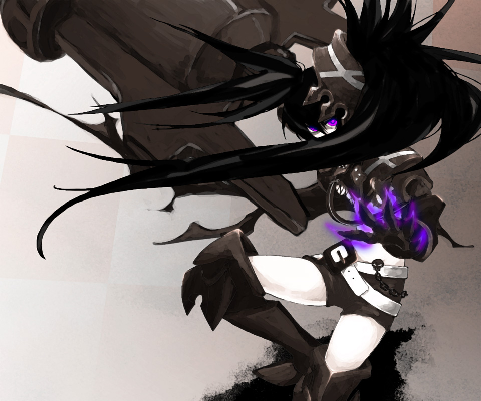 armor awa bad_id bad_pixiv_id belt black_hair black_rock_shooter boots burning_eye chain gauntlets greaves huge_weapon insane_black_rock_shooter long_hair loose_belt midriff pale_skin purple_eyes scar shorts solo thigh_boots thighhighs twintails weapon