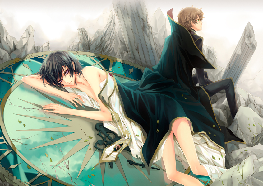 bangs black_cape black_hair black_pants brown_hair cape clock closed_mouth cloud code_geass crack day frown fylus green_eyes kururugi_suzaku leaf lelouch_lamperouge long_sleeves looking_at_viewer looking_away lying male_focus multiple_boys nude on_side outdoors pants parted_lips pillar purple_eyes reflection roman_numerals ruins sitting sun_(symbol) swept_bangs