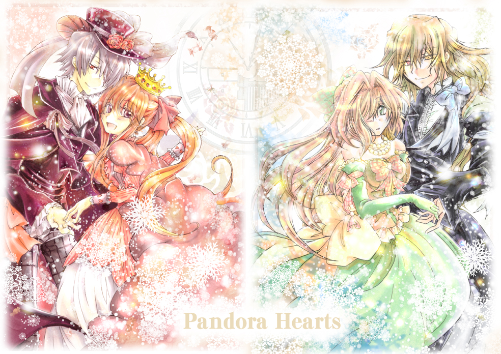 2girls ada_vessalius blonde_hair bow bridal_gauntlets brown_hair copyright_name crown dress flower formal gloves hair_over_one_eye hat hetero heterochromia holding_hands jewelry juliet_sleeves long_hair long_sleeves multiple_boys multiple_girls necklace necktie pandora_hearts piyo_(hitujirou-tuusin) ponytail puffy_sleeves red_eyes ribbon sharon_rainsworth short_hair silver_hair smile suit top_hat vincent_nightray xerxes_break yellow_eyes