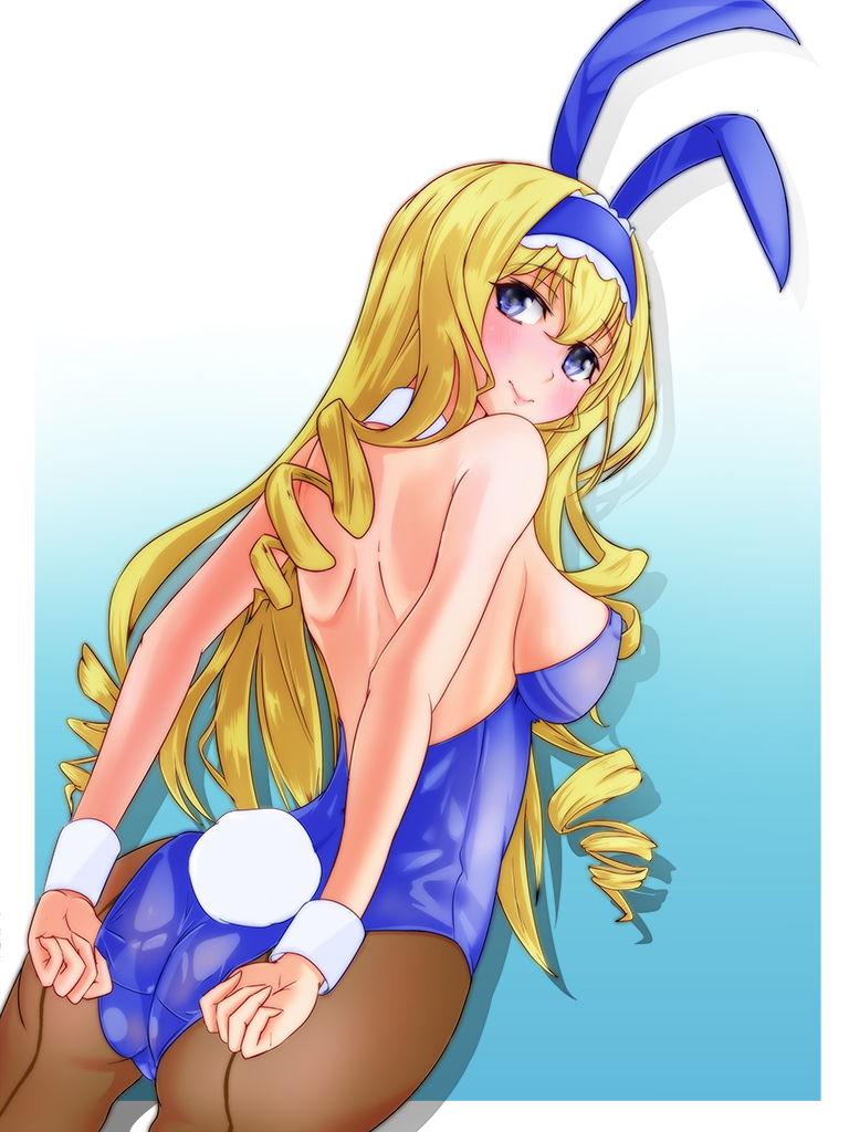 adjusting_clothes adjusting_leotard animal_ears ass blonde_hair blue_eyes blue_hairband blue_leotard bunny_ears bunny_tail bunnysuit cecilia_alcott detached_collar drill_hair hairband infinite_stratos leotard long_hair looking_back monte_(koupin) pantyhose tail wrist_cuffs