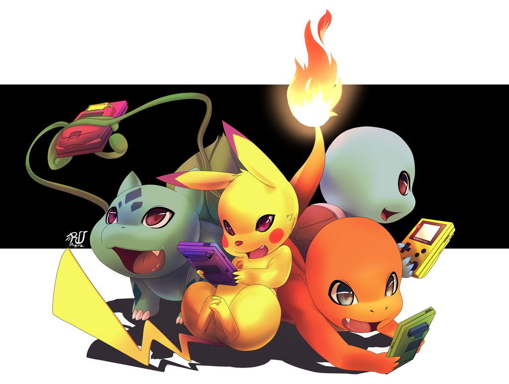 bulbasaur charmander cute feral fire gameboy gaming group mammal mouse nintendo open_mouth pikachu plain_background pok&#233;mon pok&eacute;mon reclining reptile rodent rudragon scalie sitting squirtle tongue turtle video_games
