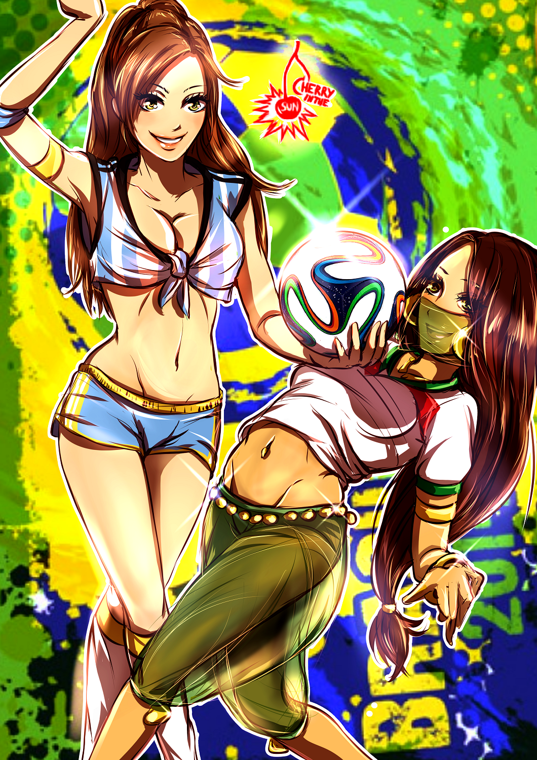 2girls arabian_clothes argentina ball brazuca breasts brown_eyes brown_hair cherry_in_the_sun cleavage crop_top front-tie_top highres iran long_hair medium_breasts midriff multiple_girls navel original see-through shirt short_shorts shorts soccer_ball soccer_uniform sportswear tied_shirt world_cup