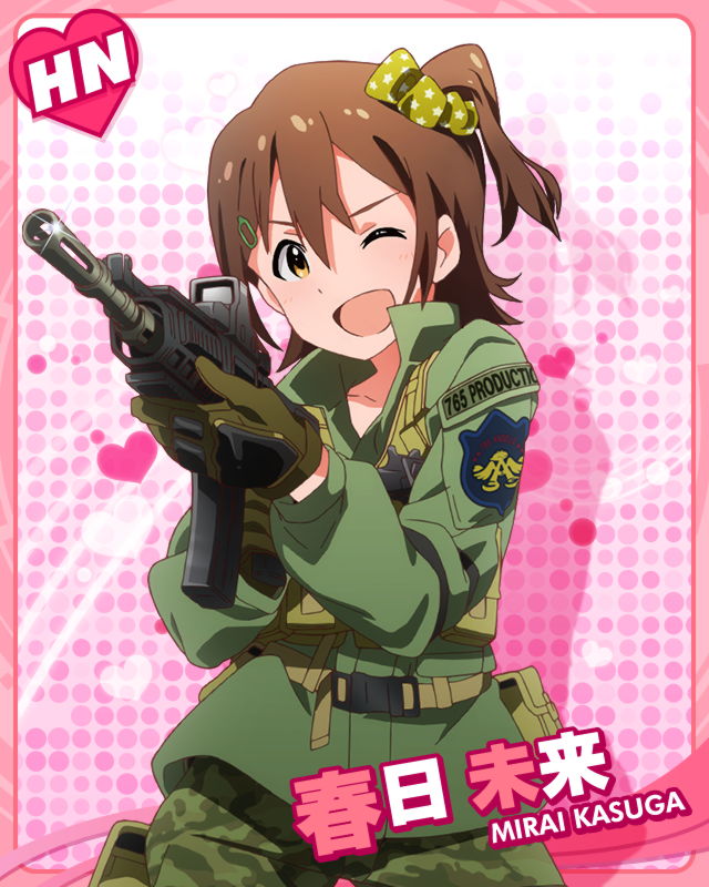 ;d aiming assault_rifle brown_hair character_name gloves gun hair_ornament hairclip heckler_&amp;_koch hk416 idolmaster idolmaster_million_live! kasuga_mirai looking_at_viewer military military_operator military_uniform official_art one_eye_closed one_side_up open_mouth rifle scrunchie smile solo uniform v-shaped_eyebrows weapon