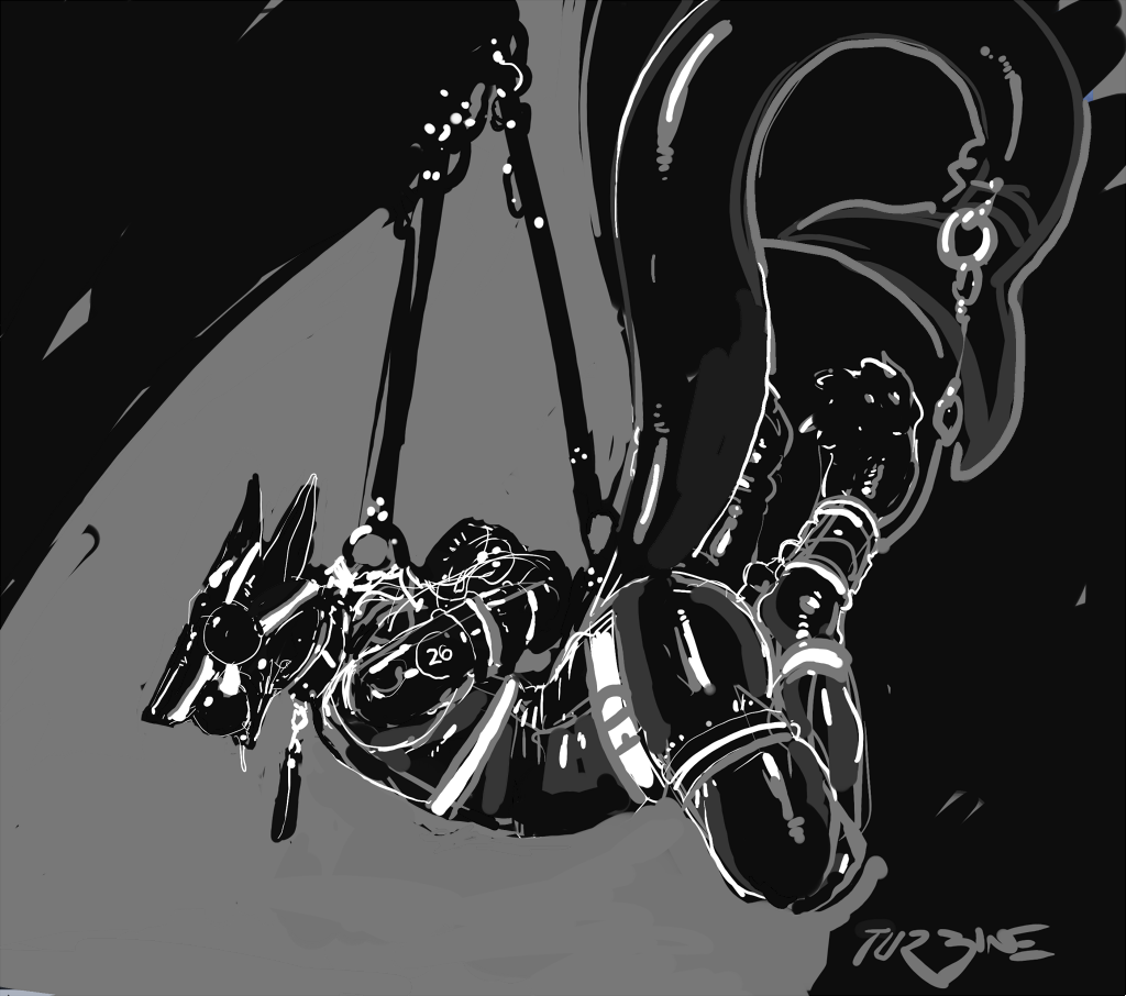 2017 abstract_background anal_beads ball_gag bdsm bondage bound clothing collar diesis_schmitt digital_media_(artwork) gag gagged greyscale male monochrome rubber sergal sex_toy shiny simple_background skinsuit solo submissive submissive_male suspension tight_clothing turbinedivinity