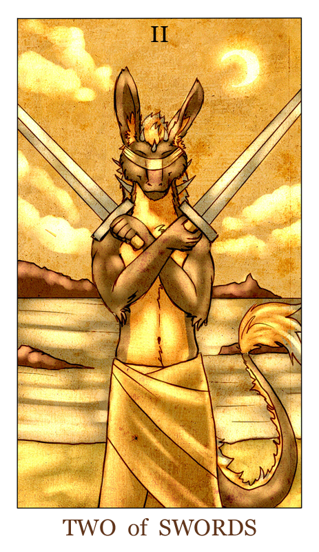 blindfold brown_fur card clothed clothing cloud crescent_moon dragon feralise fur hair horn inner_ear_fluff male melee_weapon minor_arcana moon multicolored_hair orange_hair outside sky sword tarot_card topless two_of_swords_(tarot) two_tone_hair water weapon white_hair xian_(xianheretic)
