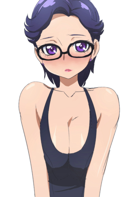 black-framed_eyewear blush breasts cleavage davi_(dokidoki!_precure) db_(dokidoki!_precure) dokidoki!_precure glasses large_breasts lips looking_at_viewer manji_(tenketsu) one-piece_swimsuit precure purple_eyes purple_hair short_hair simple_background solo swimsuit white_background