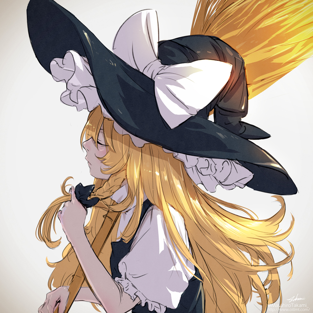 1girl bangs bare_arms black_bow black_vest blonde_hair bow braid broom closed_mouth eyes_closed frilled_hat frilled_sleeves frills from_side grey_background hair_bow hand_up hat hat_bow holding holding_hair kirisame_marisa long_hair over_shoulder parted_bangs profile short_sleeves side_braid signature simple_background single_braid solo takami_masahiro touhou upper_body vest watermark web_address white_bow witch_hat