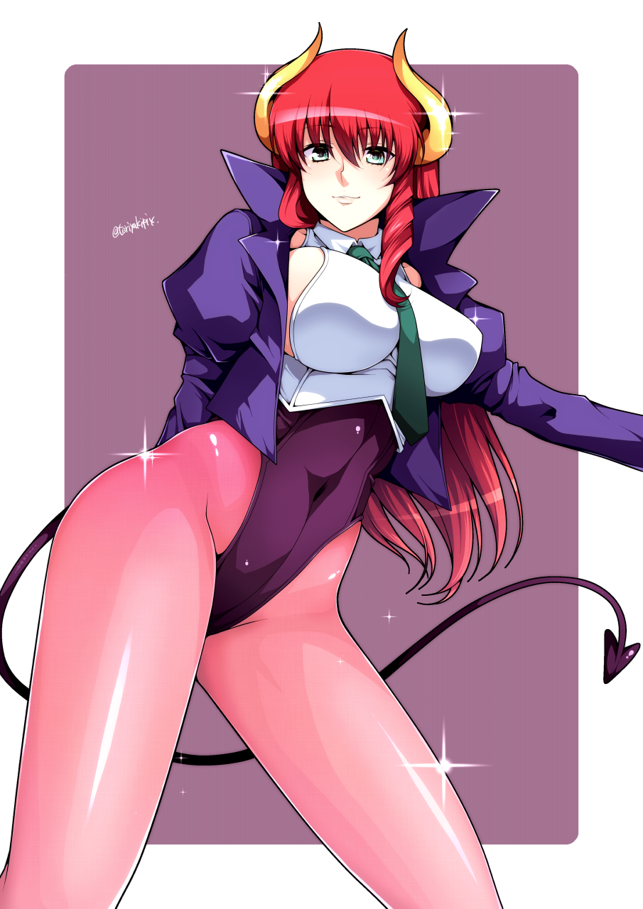 1girl breasts demon_tail female hiromin horns large_breasts long_hair looking_at_viewer mercedes_(viper) necktie pantyhose red_hair shiny solo tail viper viper_gts