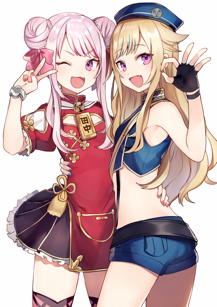 2girls :3 :d ;d armpits ass bangs bare_arms bare_shoulders belt black_gloves black_legwear black_skirt blonde_hair blue_hair blue_hat blue_shirt blue_shorts blush bow bracelet braid breasts butt_crack chinese_clothes cowboy_shot crop_top double_bun eyebrows_visible_through_hair fangs fingerless_gloves frills gloves hair_bow hair_bun hand_up hat himehina_channel jewelry legs_apart lolita_fashion long_hair looking_at_viewer looking_back midriff miniskirt multicolored_hair multiple_girls nail_polish ok_sign one_eye_closed open_mouth pink_bow pink_hair pink_nails puffy_short_sleeves puffy_sleeves purple_eyes qi_lolita red_hair red_shirt shirt short_shorts short_sleeves shorts shugao side-by-side sidelocks simple_background skirt sleeveless sleeveless_shirt small_breasts smile standing streaked_hair suspenders suzuki_hina tanaka_hime thighhighs v v-shaped_eyebrows virtual_youtuber white_background zettai_ryouiki