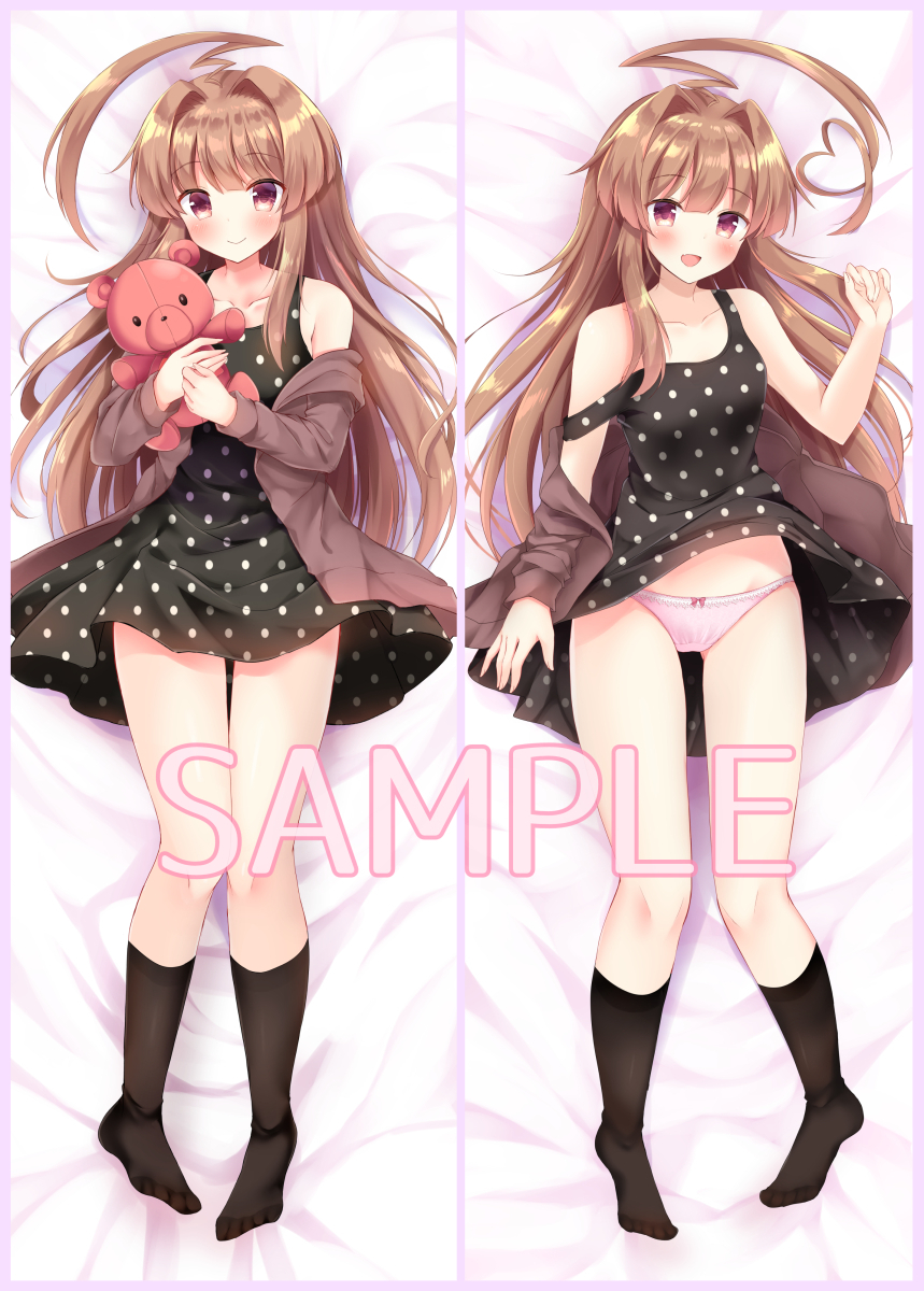 ahoge bangs bare_shoulders bed_sheet black_dress blush bow bow_panties breasts brown_eyes brown_hair closed_mouth commentary_request dakimakura dress eyebrows_visible_through_hair full_body groin hair_between_eyes highres holding huge_ahoge jacket kantai_collection kuma_(kantai_collection) long_hair long_sleeves looking_at_viewer lying masayo_(gin_no_ame) multiple_views on_back open_mouth panties pink_panties sample simple_background sleeveless sleeveless_dress small_breasts smile socks solo stuffed_animal stuffed_toy teddy_bear underwear very_long_hair