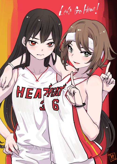 arm_around_neck basketball basketball_uniform black_hair blush breasts brown_hair dwyane_wade green_eyes hand_on_hip headband index_finger_raised kantai_collection kuma_(crimsonvanilla) large_breasts lebron_james long_hair looking_at_viewer miami_heat multiple_girls mutsu_(kantai_collection) nagato_(kantai_collection) national_basketball_association pointing red_eyes short_hair sportswear