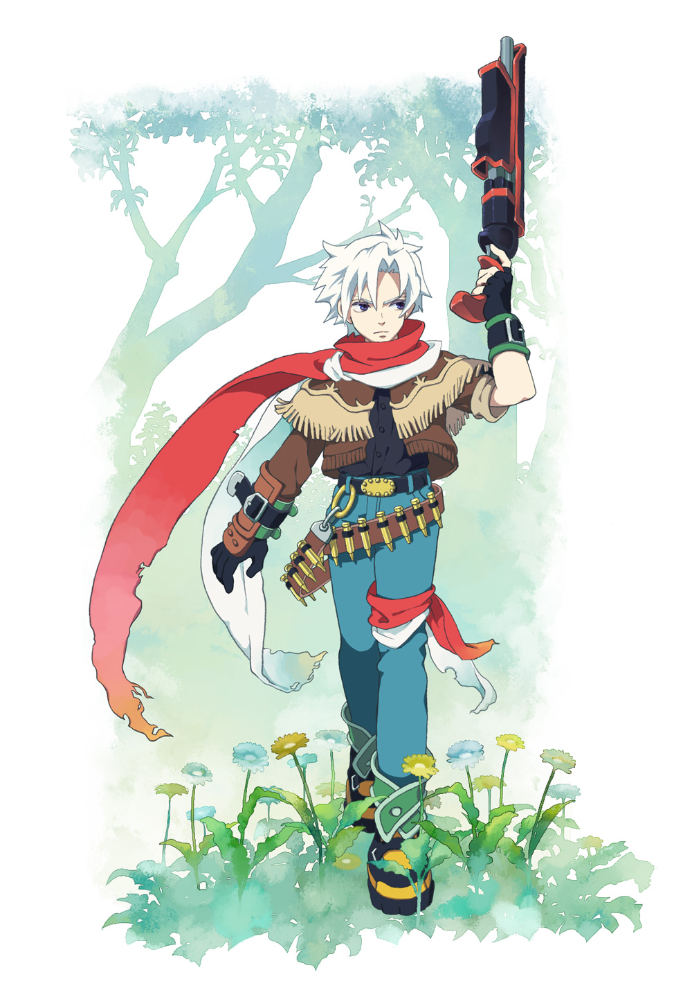 ahoge airget-lamh_b/v2 asymmetrical_clothes bandolier blue_eyes bullet cartridge flower fringe_trim frown gloves gun highres jet_enduro kei_(inu_no_ura) male_focus pants poncho scarf shirt shoes solo tree vest weapon white_hair wild_arms wild_arms_3